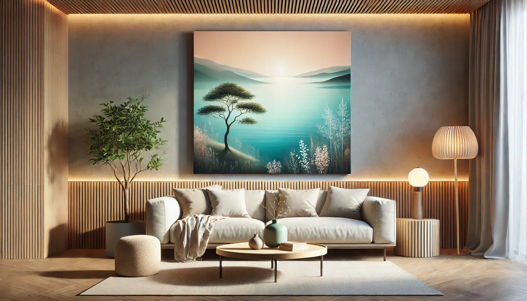 Tableau relaxation représentant un paysage apaisant avec des couleurs douces, idéal pour favoriser la détente et créer une décoration murale apaisante.