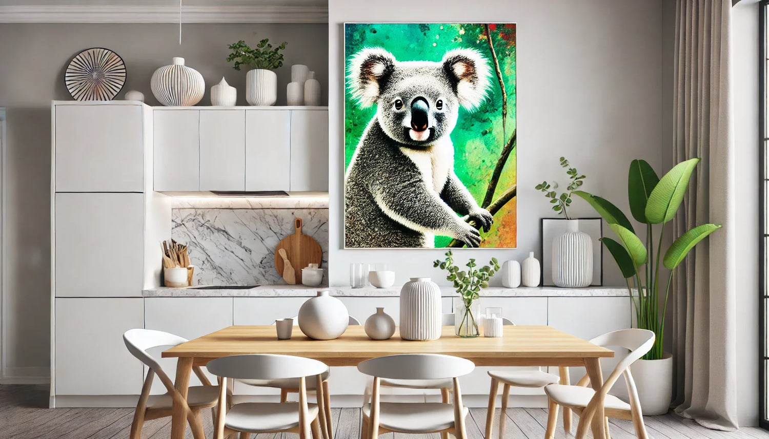 Tableau koala éclatant dans une cuisine épurée, design moderne avec armoires blanches et accents naturels, ajoutant de la couleur et de la vie à l'espace.