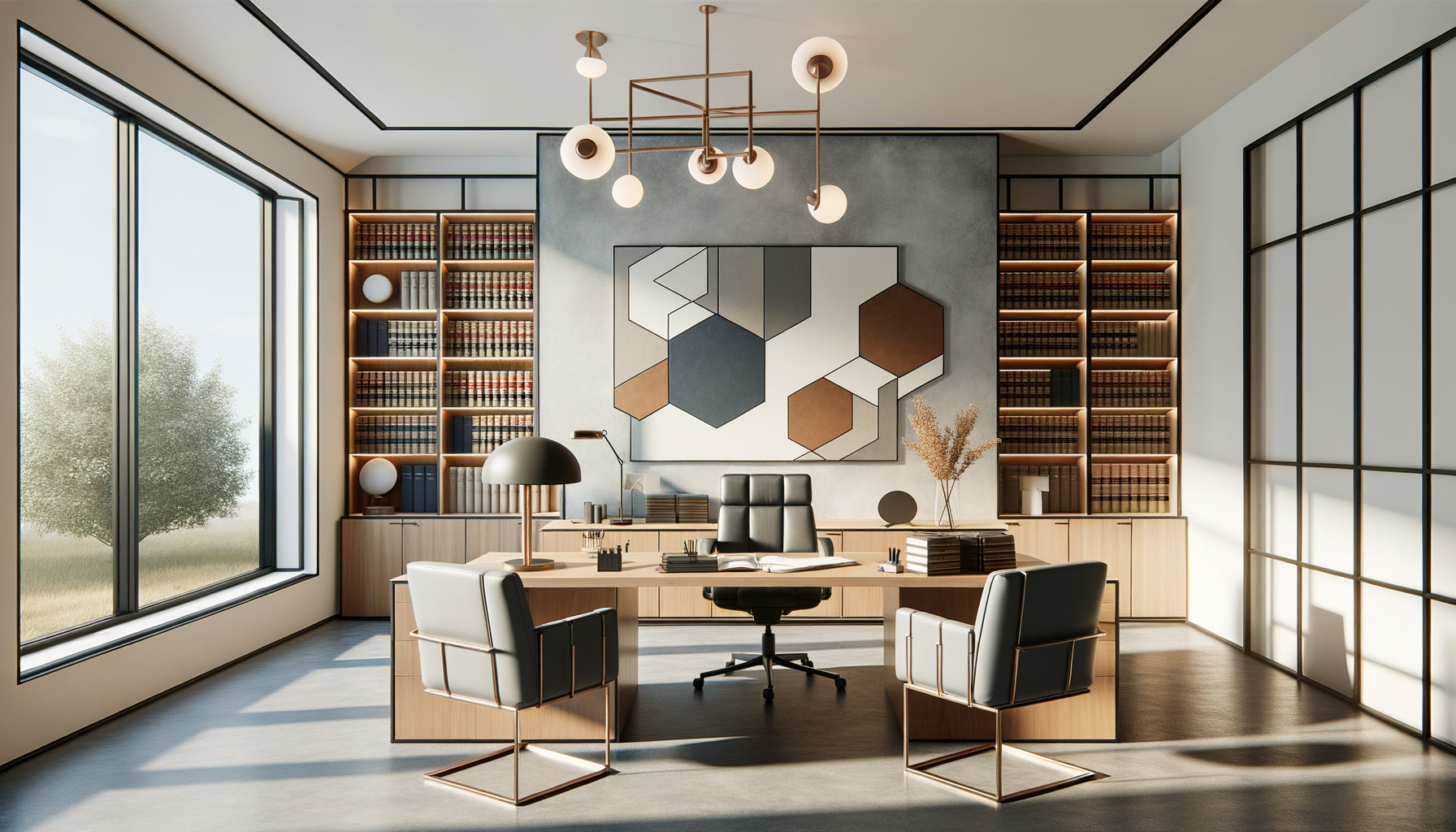 Intérieur moderne et neutre d'un cabinet d'avocats avec décoration laïque minimaliste et œuvre abstraite