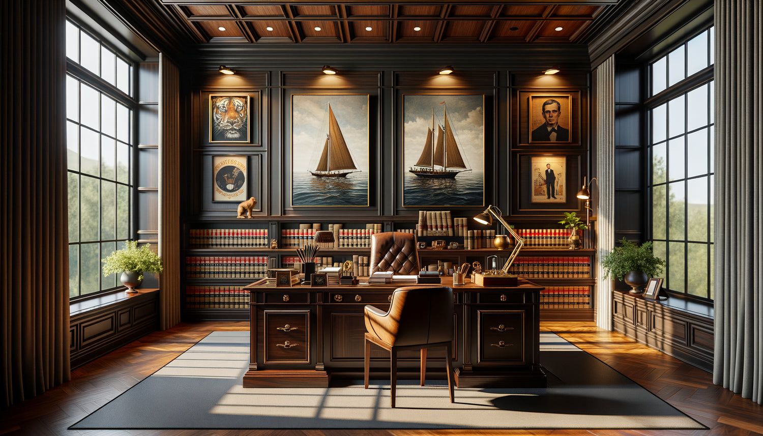 Bureau d'avocat contemporain décoré de tableaux personnels : voile, jazz et montagne, alliant professionnalisme et authenticité