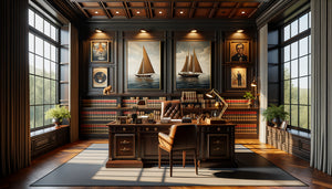 Bureau d'avocat contemporain décoré de tableaux personnels : voile, jazz et montagne, alliant professionnalisme et authenticité