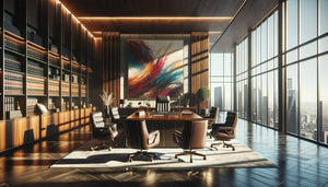 Bureau contemporain de cabinet d'avocats d'affaires avec œuvre d'art cotée valorisant l'espace professionnel haut de gamme