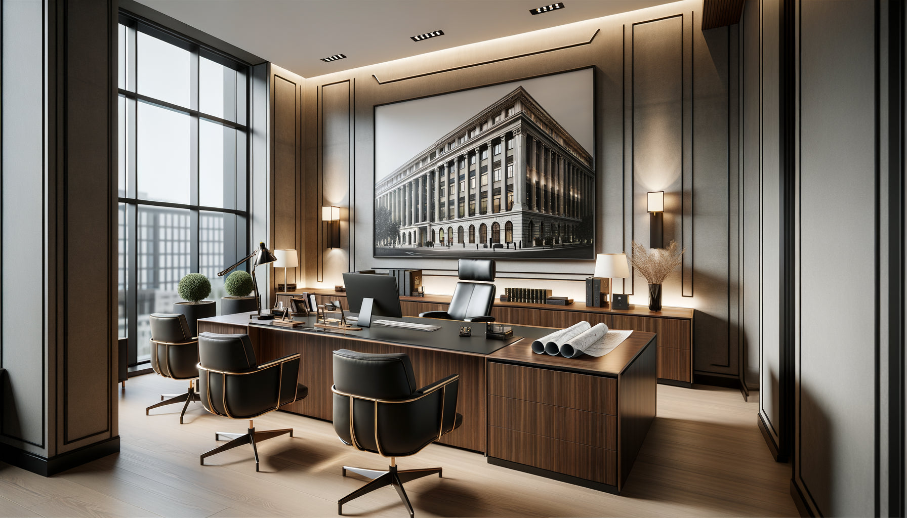 Bureau moderne de cabinet juridique avec photographie architecturale encadrée en noir et blanc, décoration professionnelle épurée