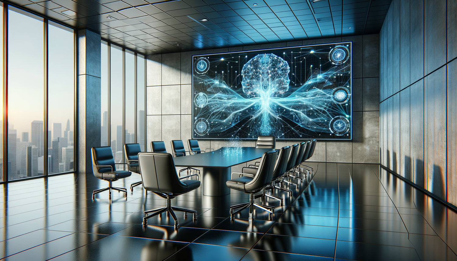 Cabinet de droit technologique moderne avec œuvre d'art futuriste numérique représentant des réseaux de données holographiques