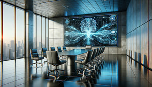 Cabinet de droit technologique moderne avec œuvre d'art futuriste numérique représentant des réseaux de données holographiques