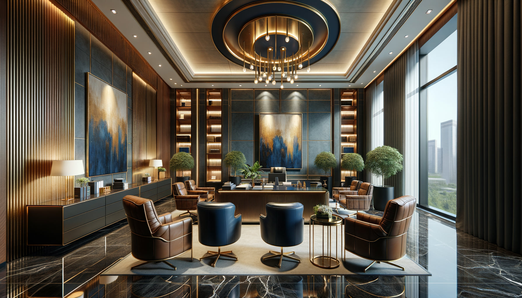 Bureau de cabinet haut de gamme avec œuvre d'art contemporaine imposante, mobilier luxueux et clientèle fortunée