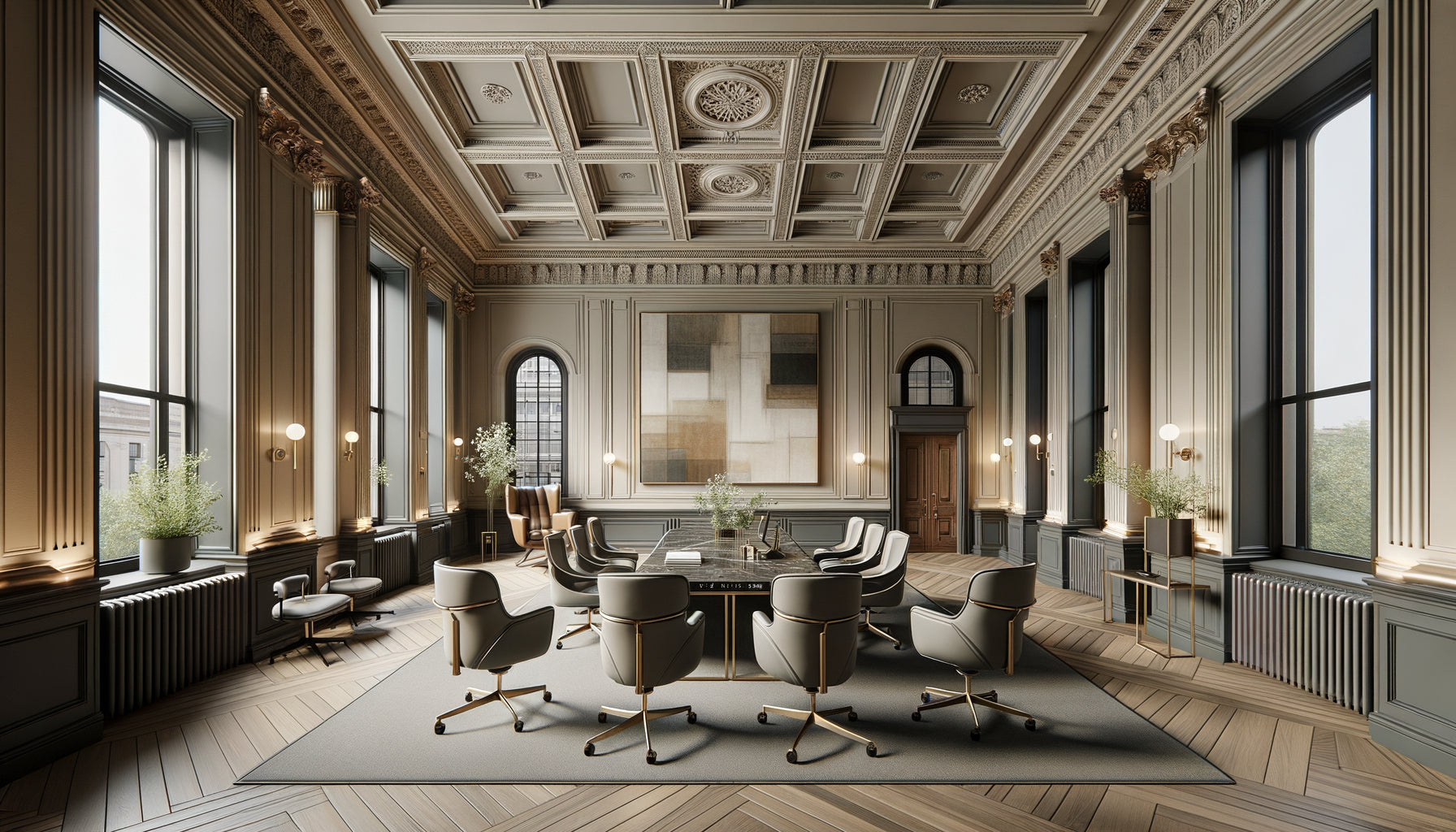 Intérieur raffiné de cabinet juridique européen prestigieux avec mobilier design iconique, art contemporain et palette neutre