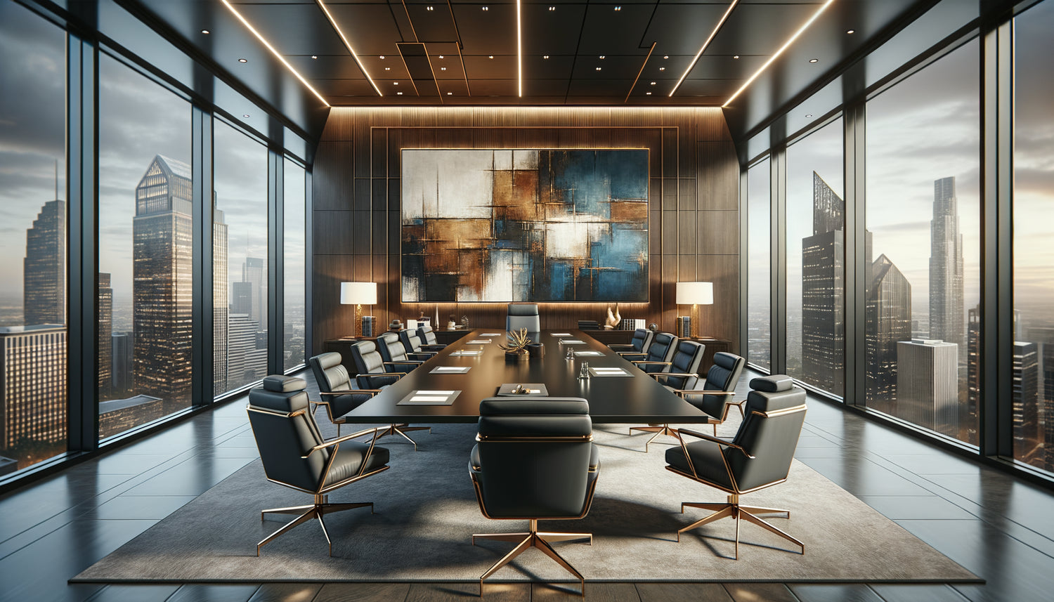 Salle de conférence de cabinet juridique prestigieux avec grande œuvre d'art mural contemporain original sur le mur principal