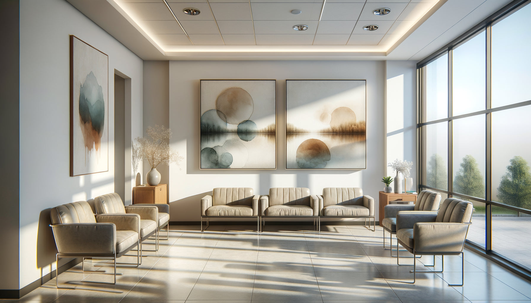 Cabinet médical moderne avec collection d'art hybride mêlant œuvres locales et internationales, ambiance apaisante