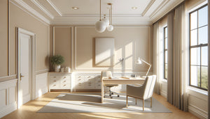 Cabinet médical moderne aux murs beige sable et boiseries crème albâtre, ambiance apaisante et professionnelle