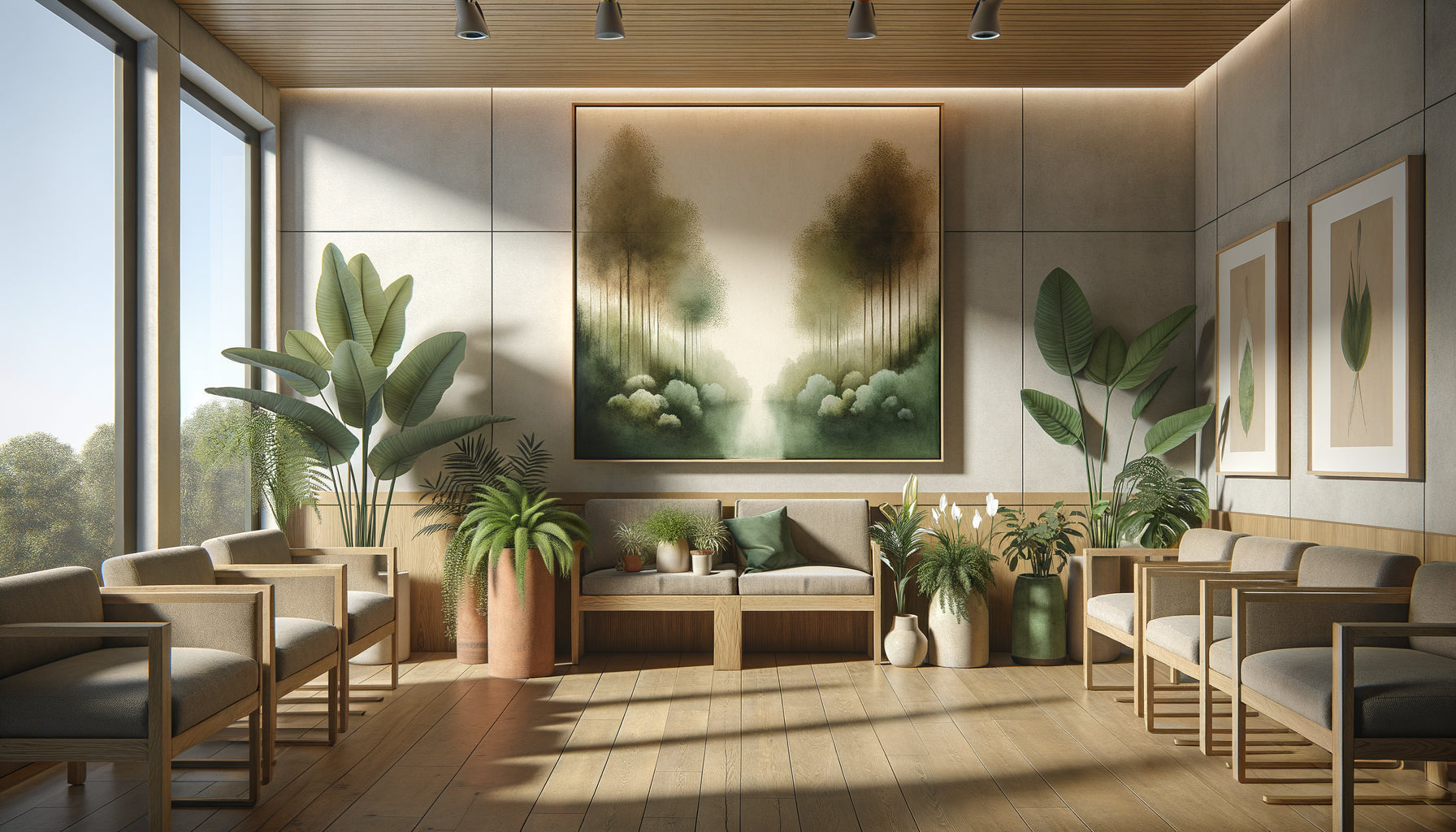 Salle d'attente de cabinet médical écologique avec tableaux botaniques sur matériaux durables et plantes naturelles