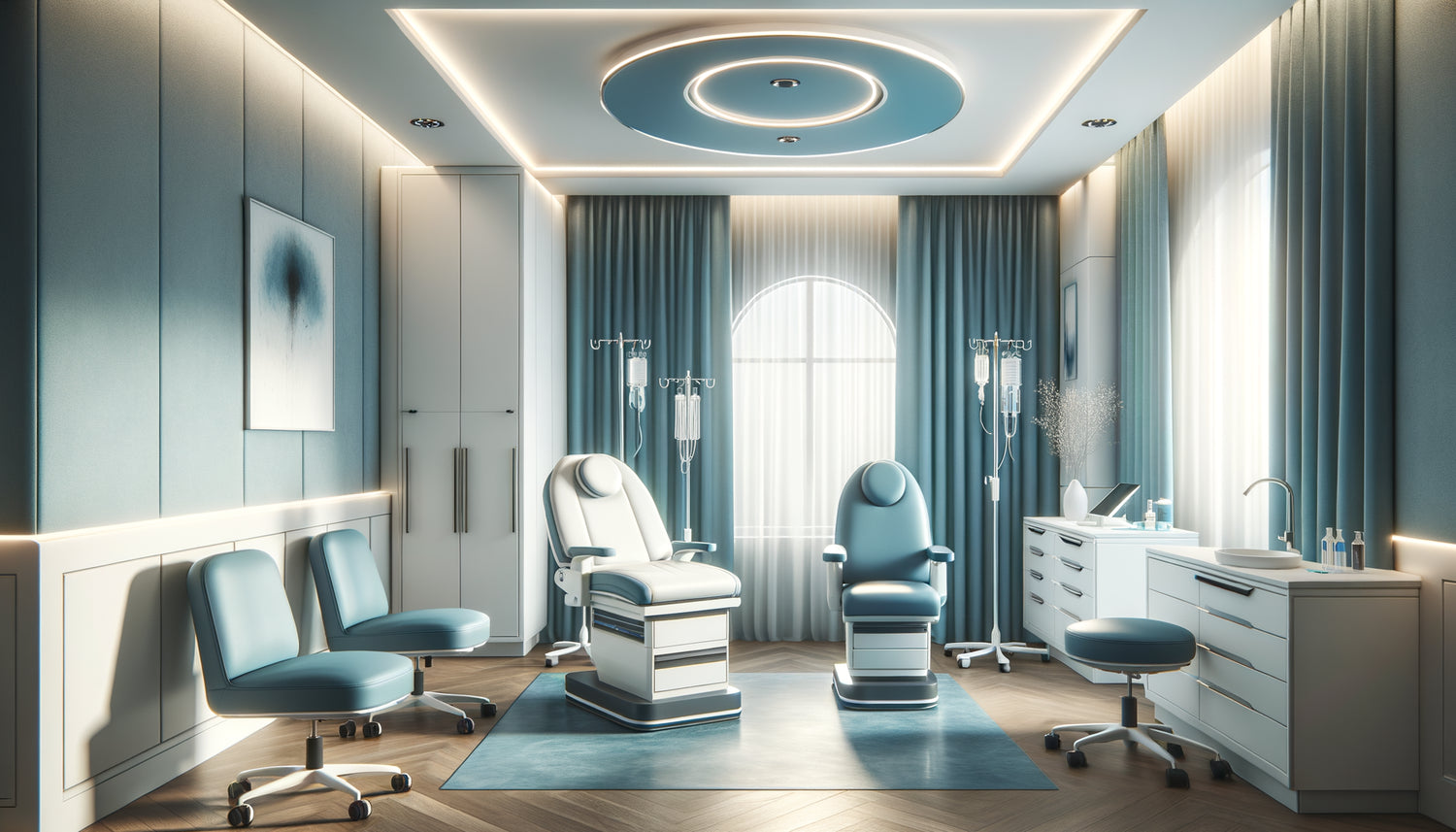 Intérieur de cabinet médical européen contemporain aux tons bleus dominants, illustrant la stratégie chromatique apaisante