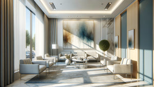 Salle d'attente de cabinet médical moderne avec œuvre d'art originale abstraite authentique sur le mur