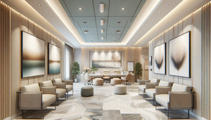 Salle d'attente moderne de cabinet médical multi-praticiens avec tableaux harmonieusement répartis sur les murs