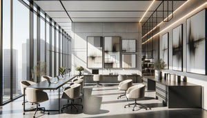 Intérieur de cabinet notarial contemporain avec œuvres d'art abstrait minimaliste et photographie d'architecture en noir et blanc