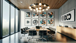 Intérieur contemporain de cabinet de propriété intellectuelle avec œuvres d'art graphique originales exposées