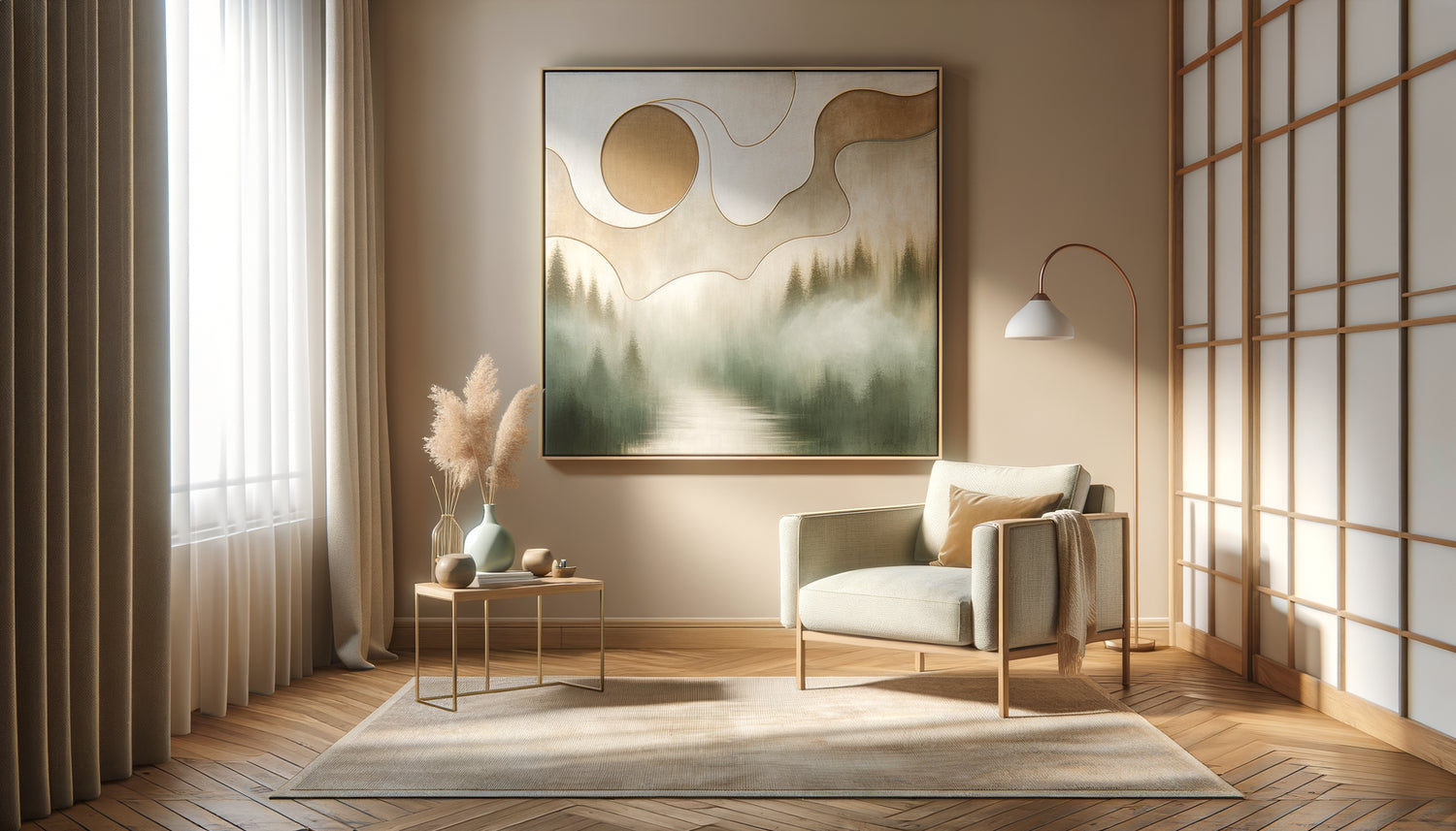 Cabinet de psychologie apaisant avec art abstrait doux, mobilier minimaliste japonisant et paysage contemplatif