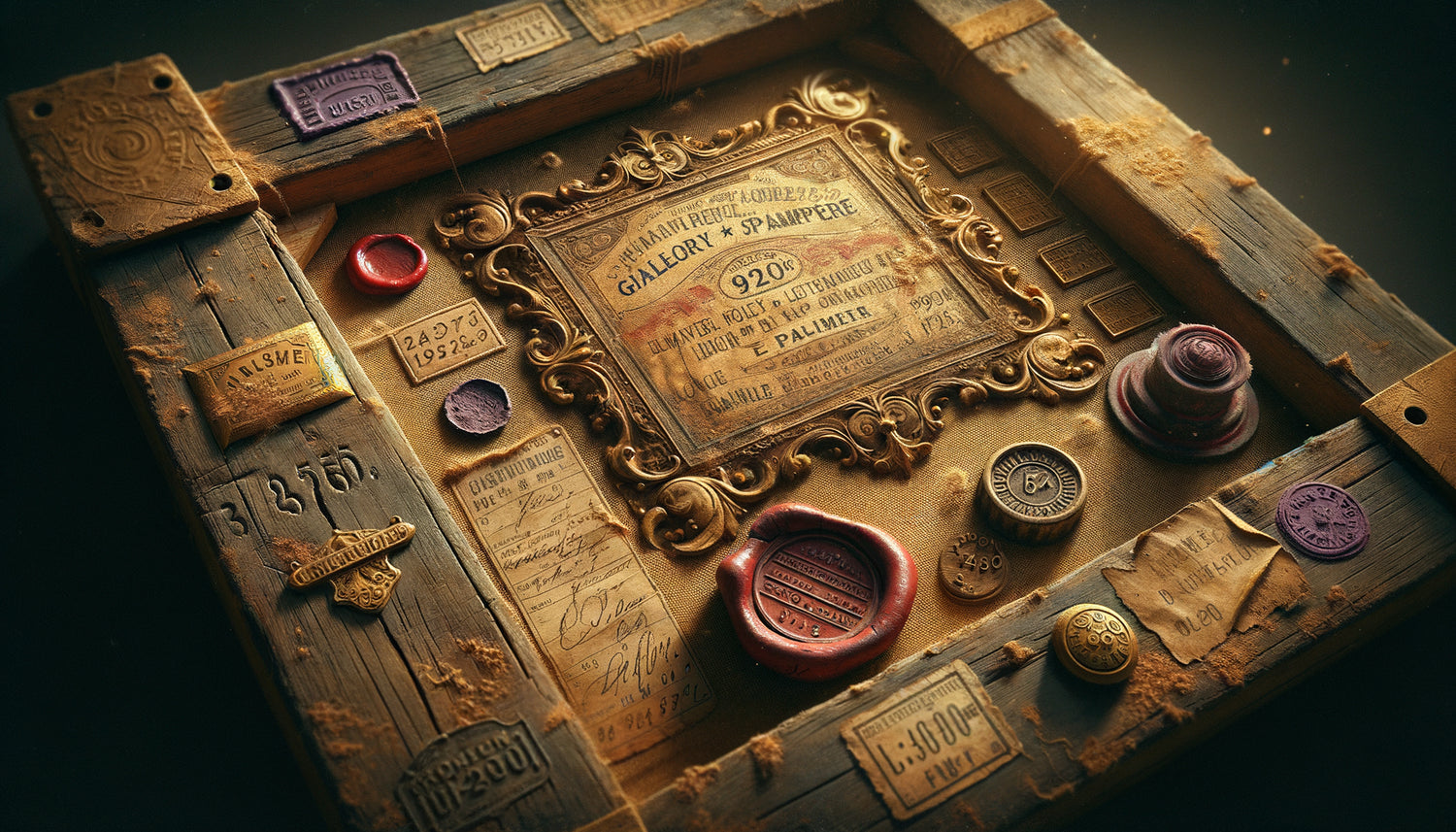 Vue rapprochée du dos d'un tableau ancien avec cachets de galerie, tampons douaniers et étiquettes d'exposition vintage authentiques