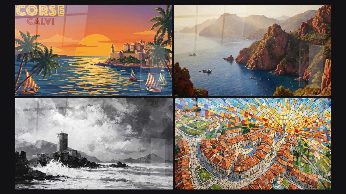 Mosaico di quattro quadri, tra cui Tavola Corse Calvi e Costa Rocciosa Mediterranea