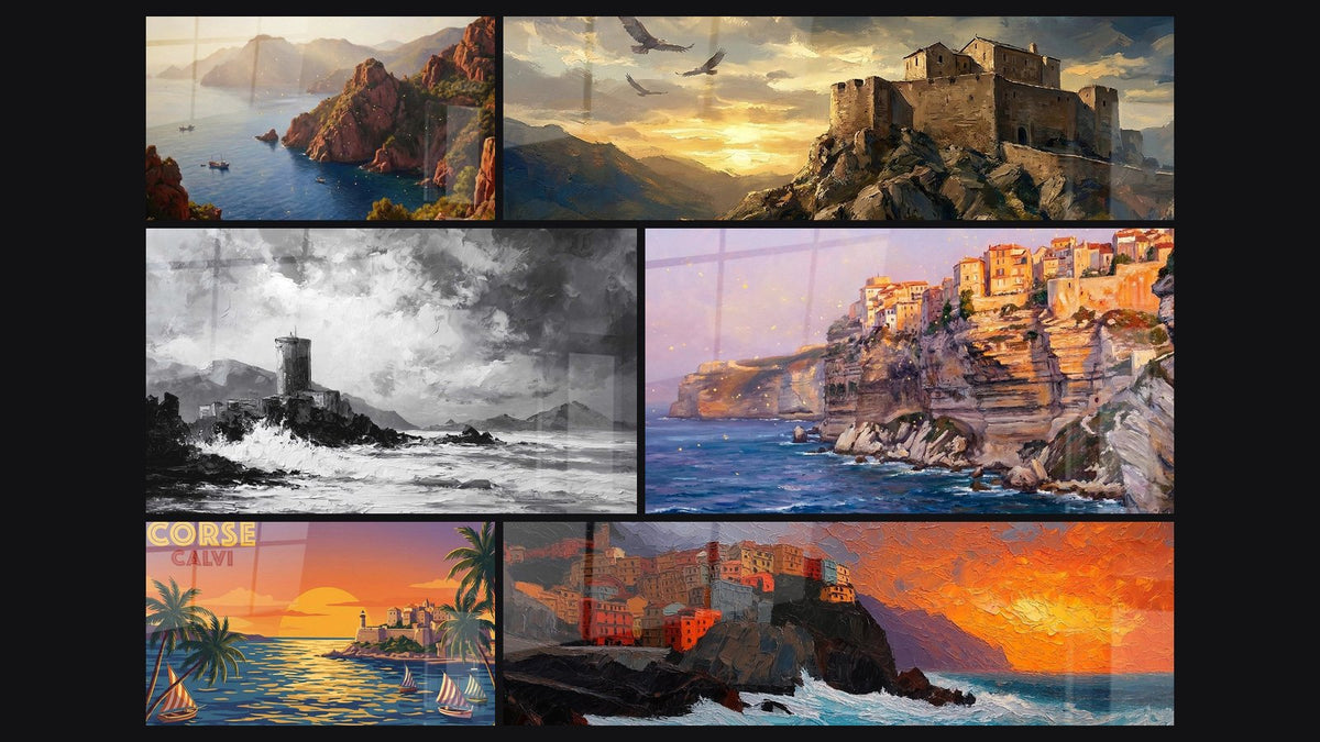 Mosaïque de six tableaux, dont Côte Rocheuse Méditerranéenne, Tour Génoise Maritime et Corse Calvi