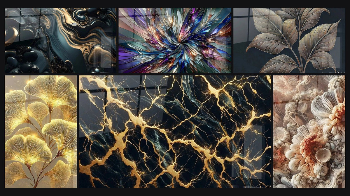 Mosaïque de six tableaux, dont Mystère des Profondeurs, Radiance Fractale et Brillance Naturelle