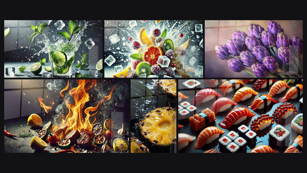 Mosaico di sei quadri, tra cui Freschezza Dinamica, Cocktail Glaciale e Aromi Infiammati