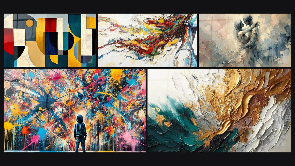Mosaïque de cinq tableaux, dont Formes géométriques colorées, Muse Moderne et Éclats de Peinture