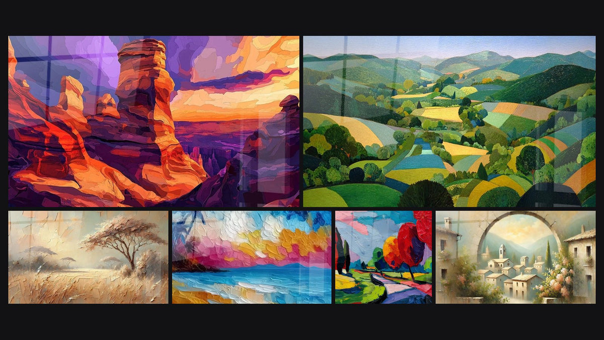 Mosaico de seis cuadros, entre ellos Guardianes del Cañón, Paisaje Africano y Paisaje Marino al Atardecer