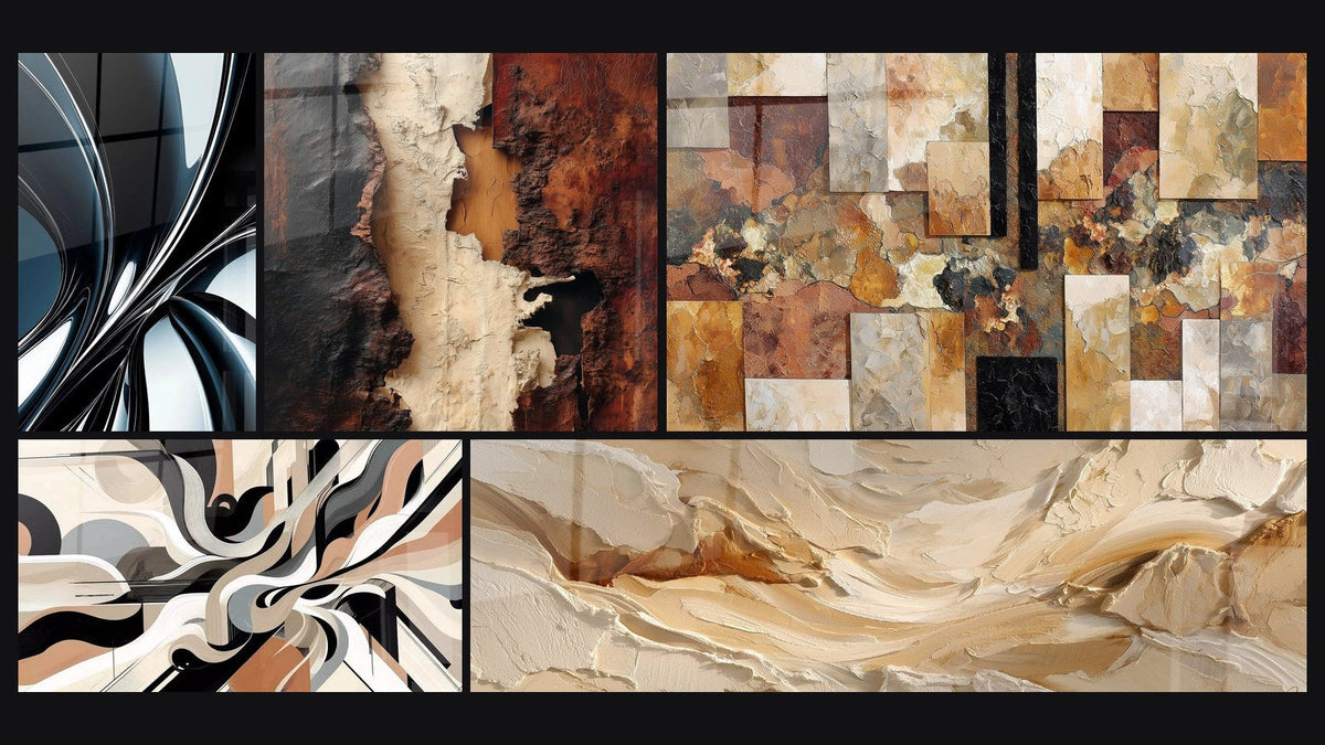 Mosaïque de cinq tableaux, dont Spirale métallique chromée et Vibrations Graphiques