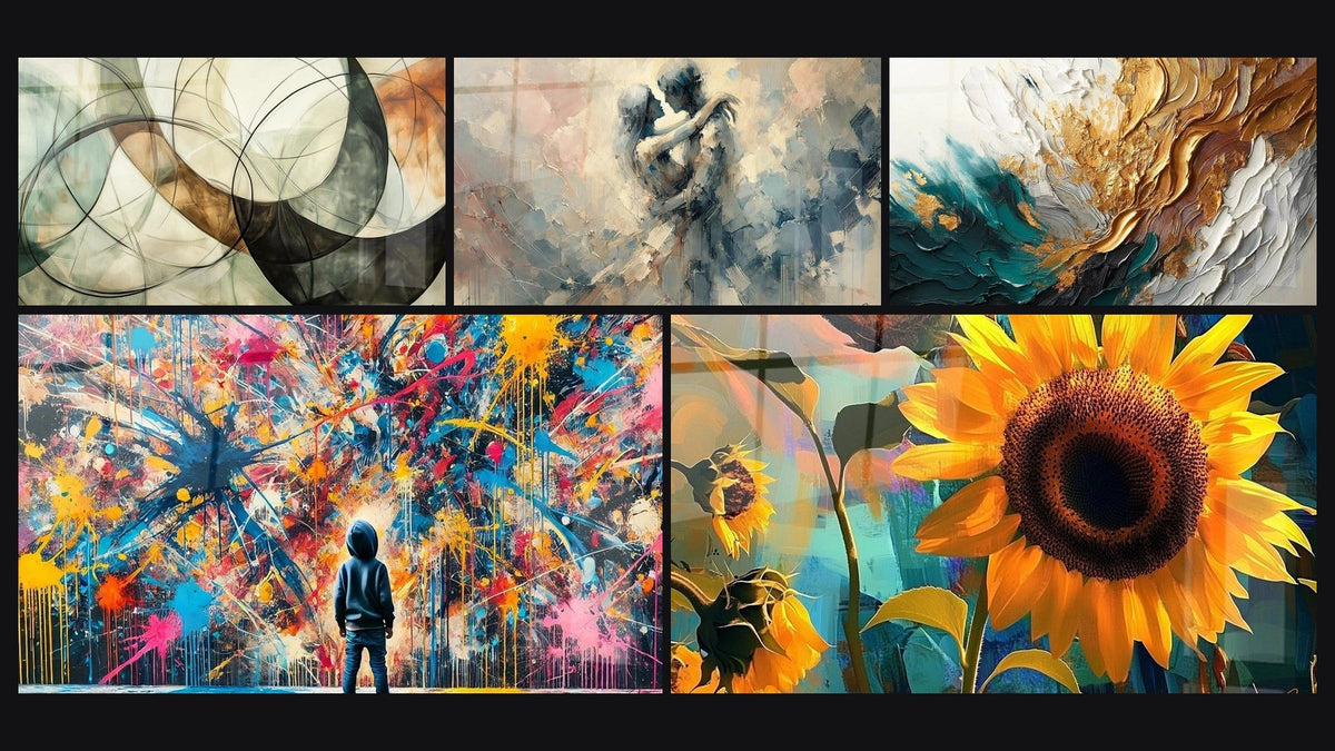 Mosaïque de cinq tableaux, dont Les Liens Invisibles, Éclats de Peinture et Entre Nous