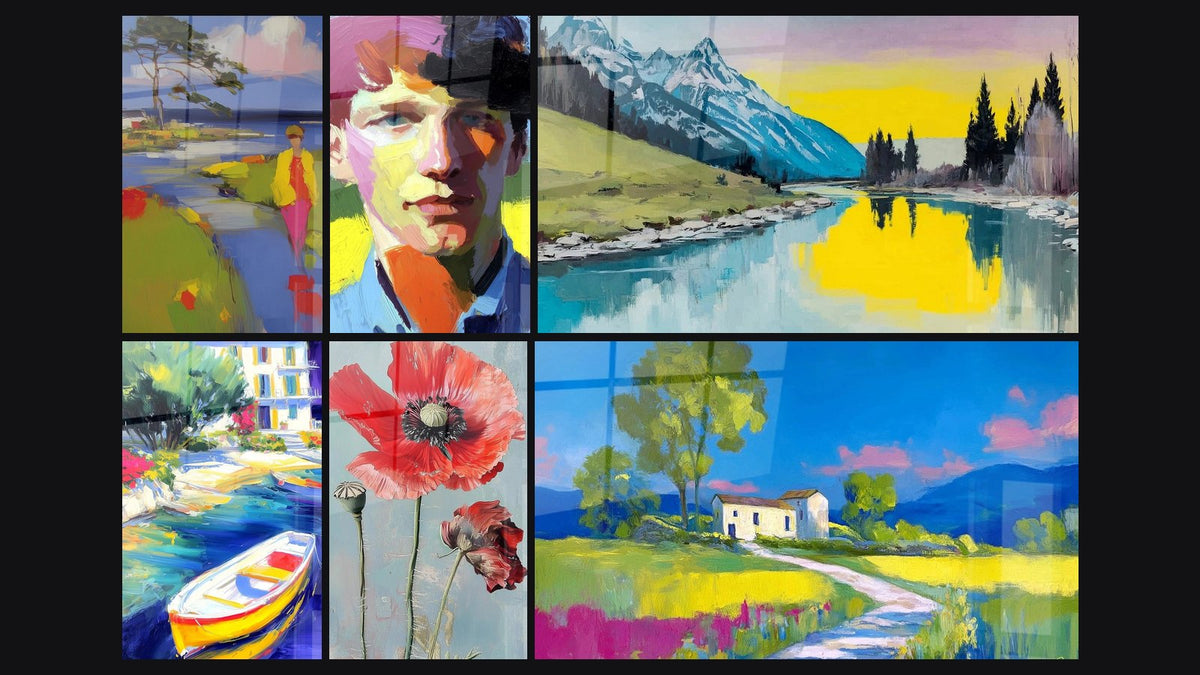 Mosaïque de six tableaux, dont Femme Brise Marine, Portrait Intensité Humaine et Barque Quiétude Portuaire