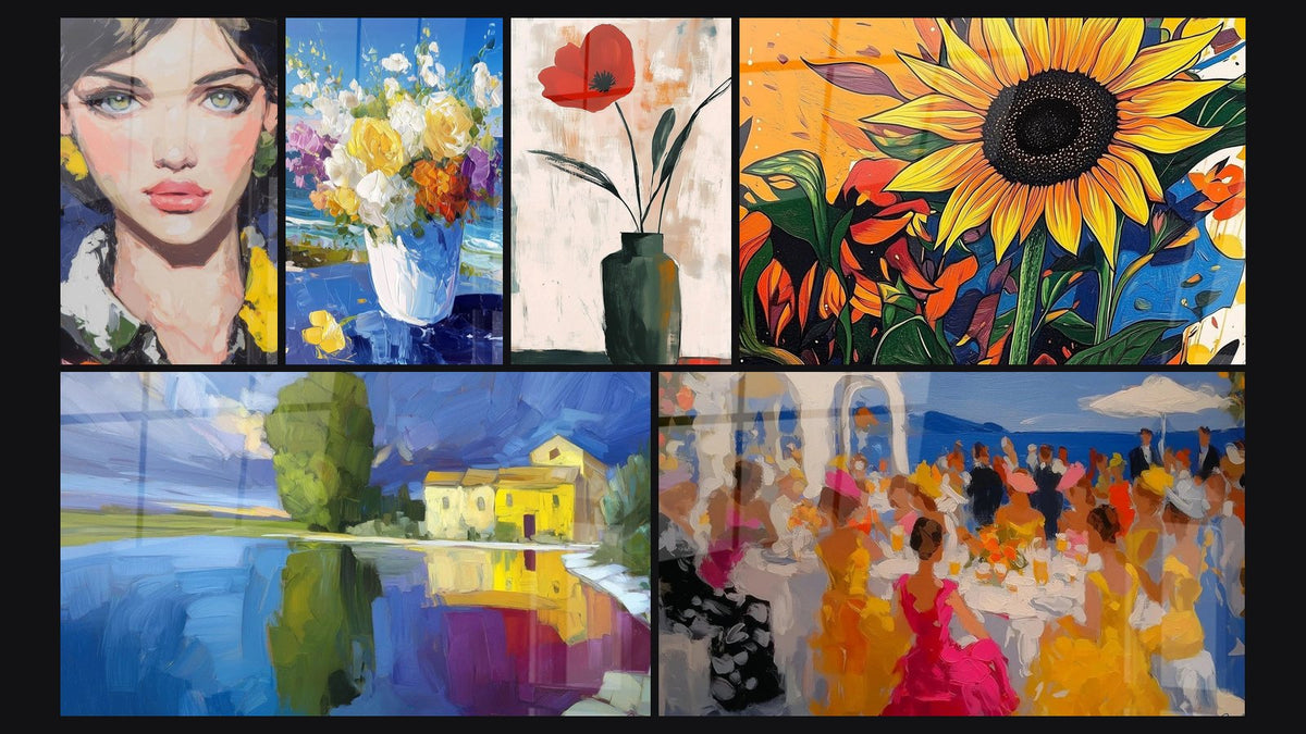 Mozaïek van zes schilderijen, waaronder Portret Spontane Schoonheid, Bloemenboeketexplosie en Kristalhelder Meer