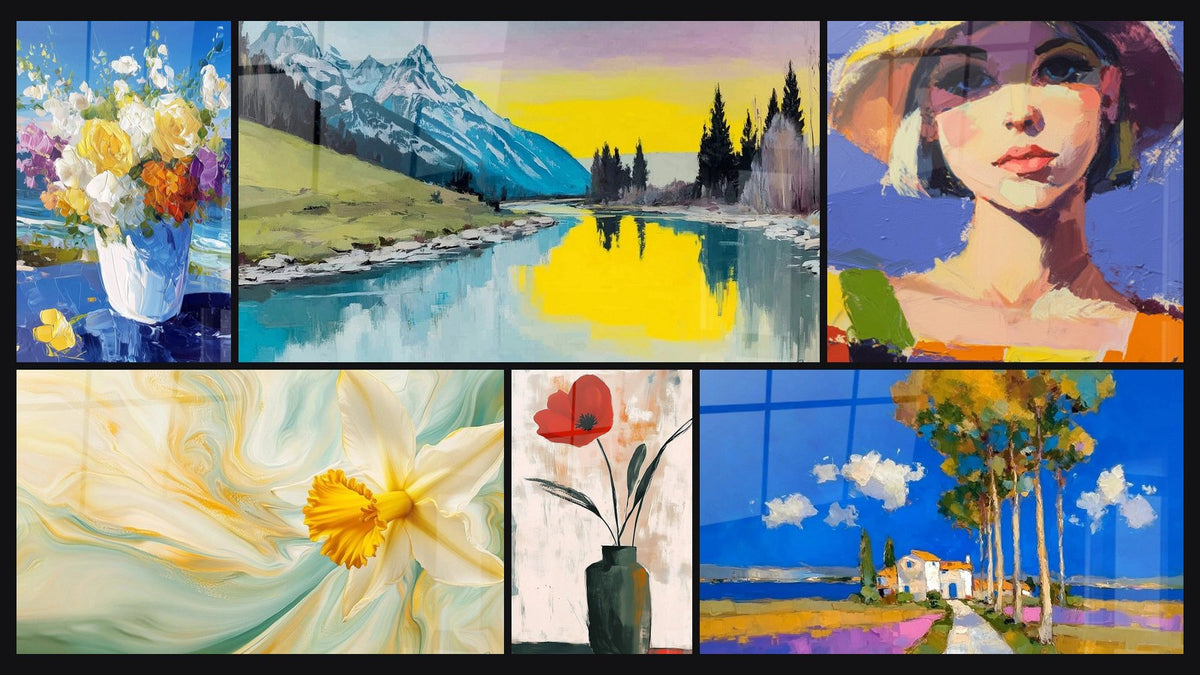 Mosaik aus sechs Gemälden, darunter Blumentafel Florale Explosion und Bergtafel Gefrorene Morgenröte
