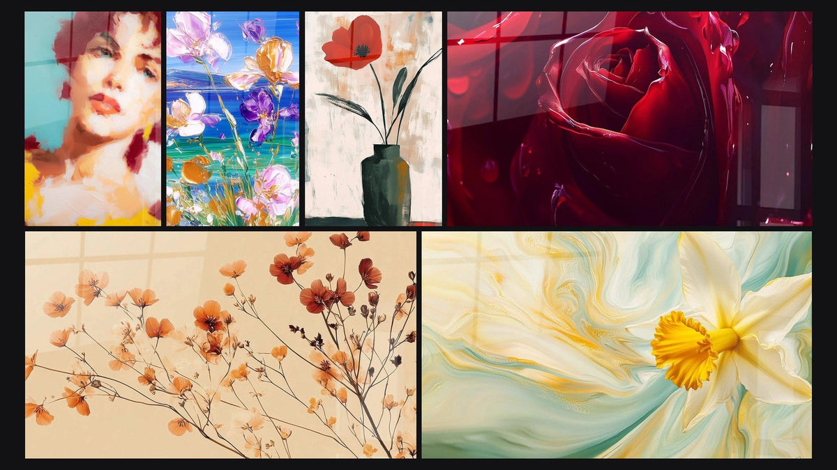 Mosaïque de six tableaux, dont Portrait Âme Chatoyante, Fleurs Éclats Violets et Terracotta N°10