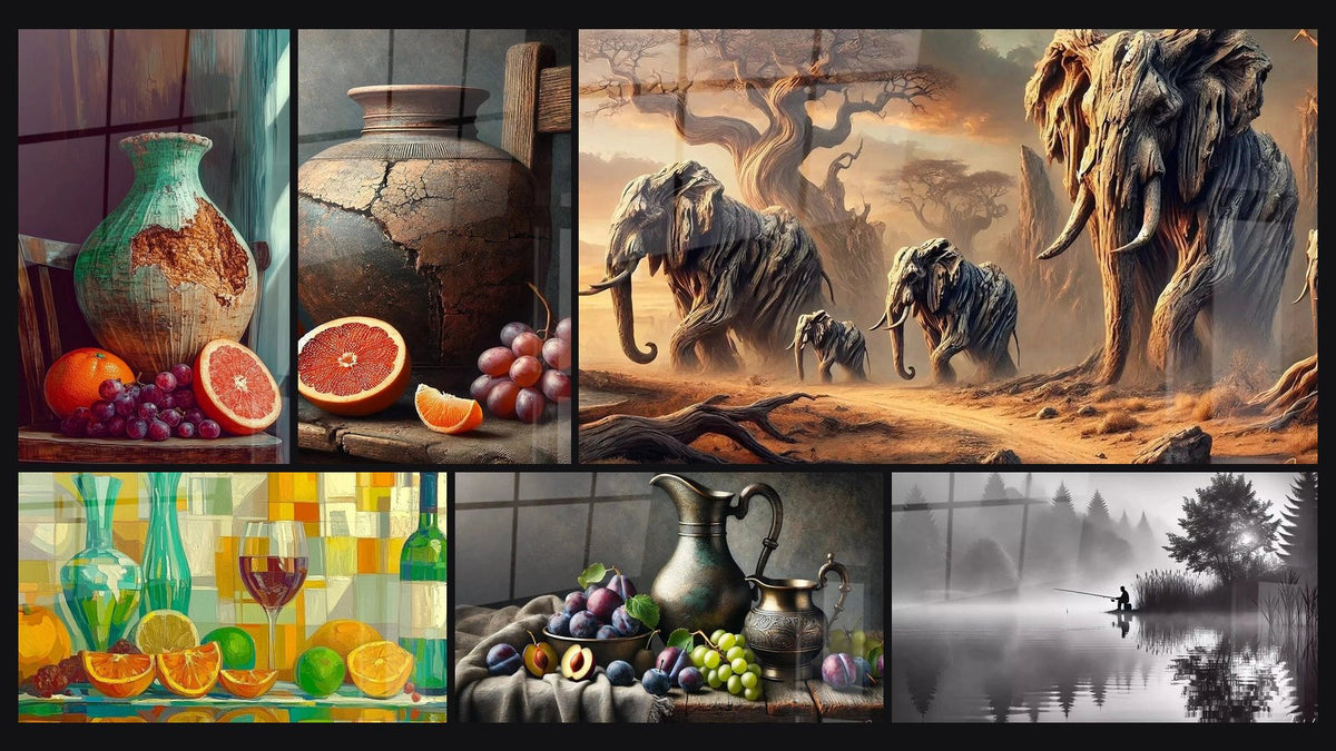 Mosaico de seis cuadros, entre ellos Naranja y Patina, Fruta del Pasado y Festín de Colores