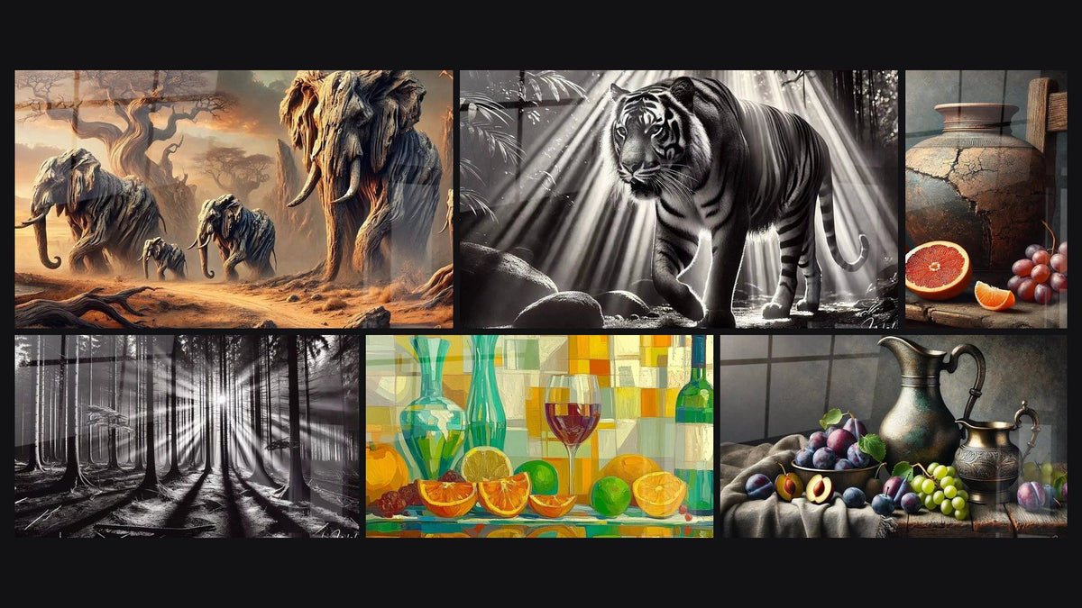 Mosaïque de six tableaux, dont L’Appel des Ancêtres, Empereur de la Forêt et Éclat du Sous-bois