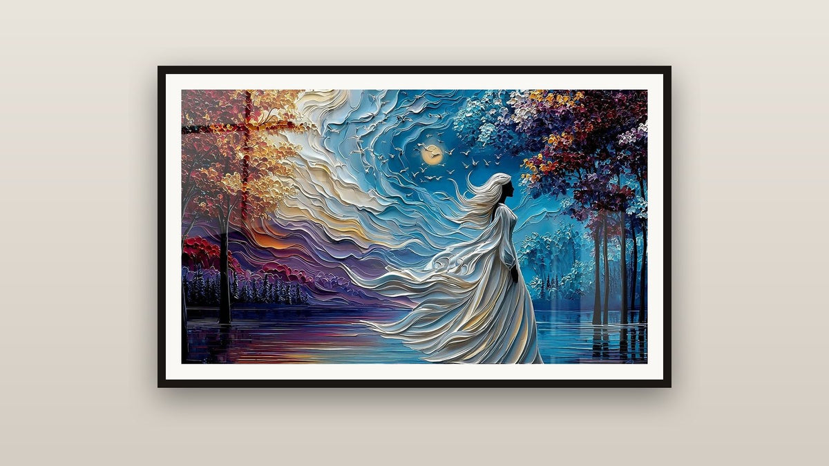 Tableau encadré sur un mur : Dame Blanche Mystique au Bord du Lac