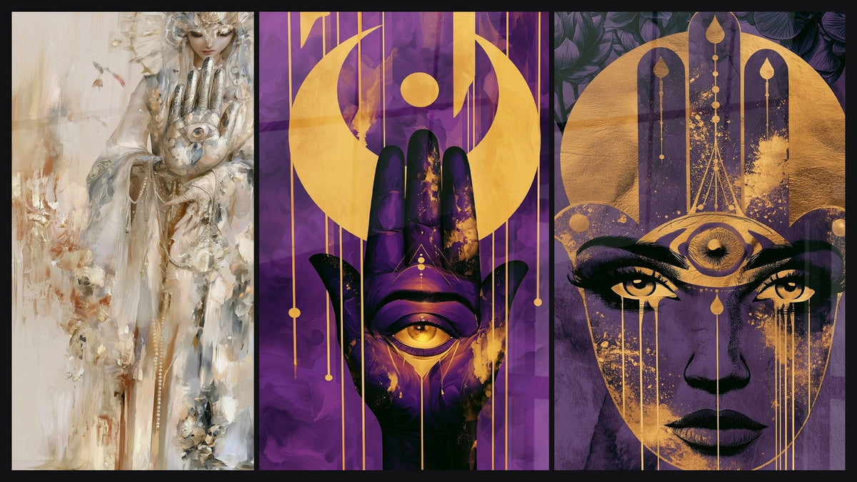 Mosaik aus drei Gemälden, darunter Hamsa Hand Violett und Gold mit Auge