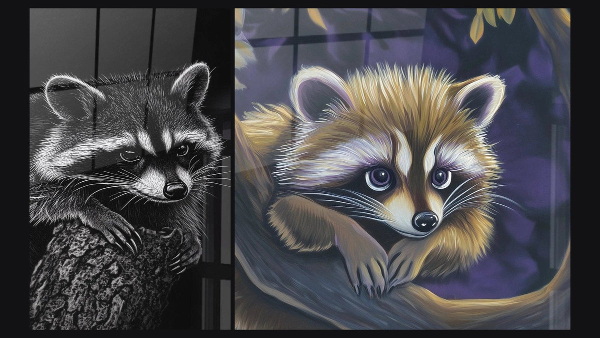 Deux tableaux côte à côte : Raton laveur masque sauvage et Raton laveur Éclat d'automne