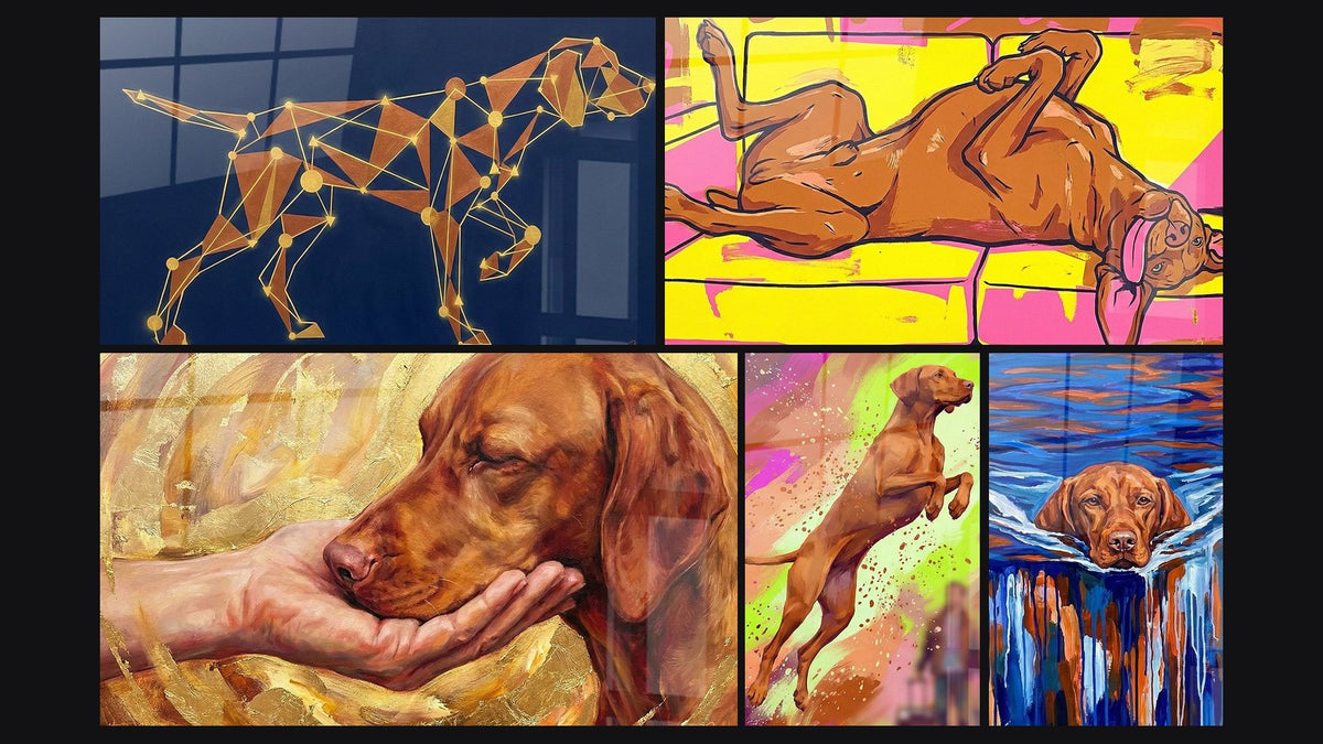 Mosaik aus fünf Gemälden, darunter Geometrisches Hundetablett Orange und Gold und Roter Hund auf gelbem Sofa liegend