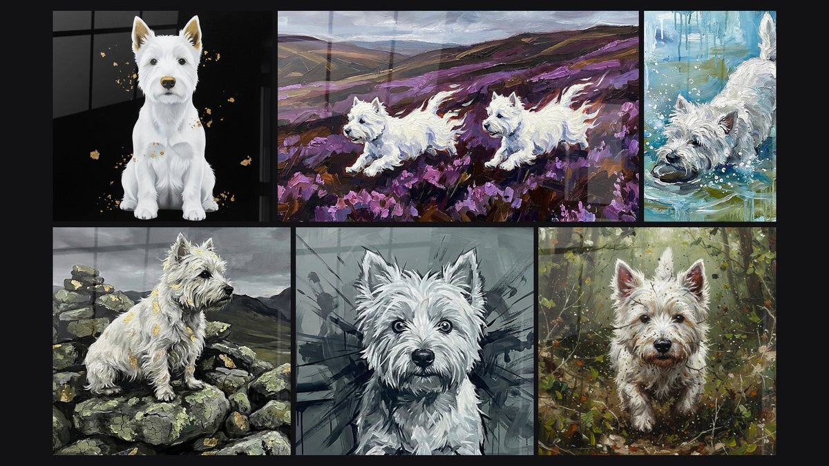 Mosaik aus sechs Gemälden, darunter Westie Weiß auf Felsen mit Berglandschaft und West Highland White Terrier im Wasser