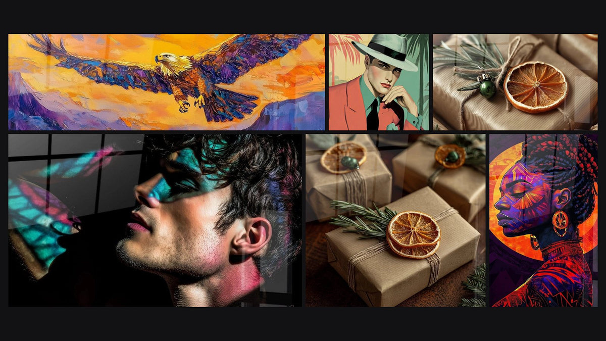 Mosaïque de six tableaux, dont Grandeur Alpine Magenta, Homme contemplatif et Années 50