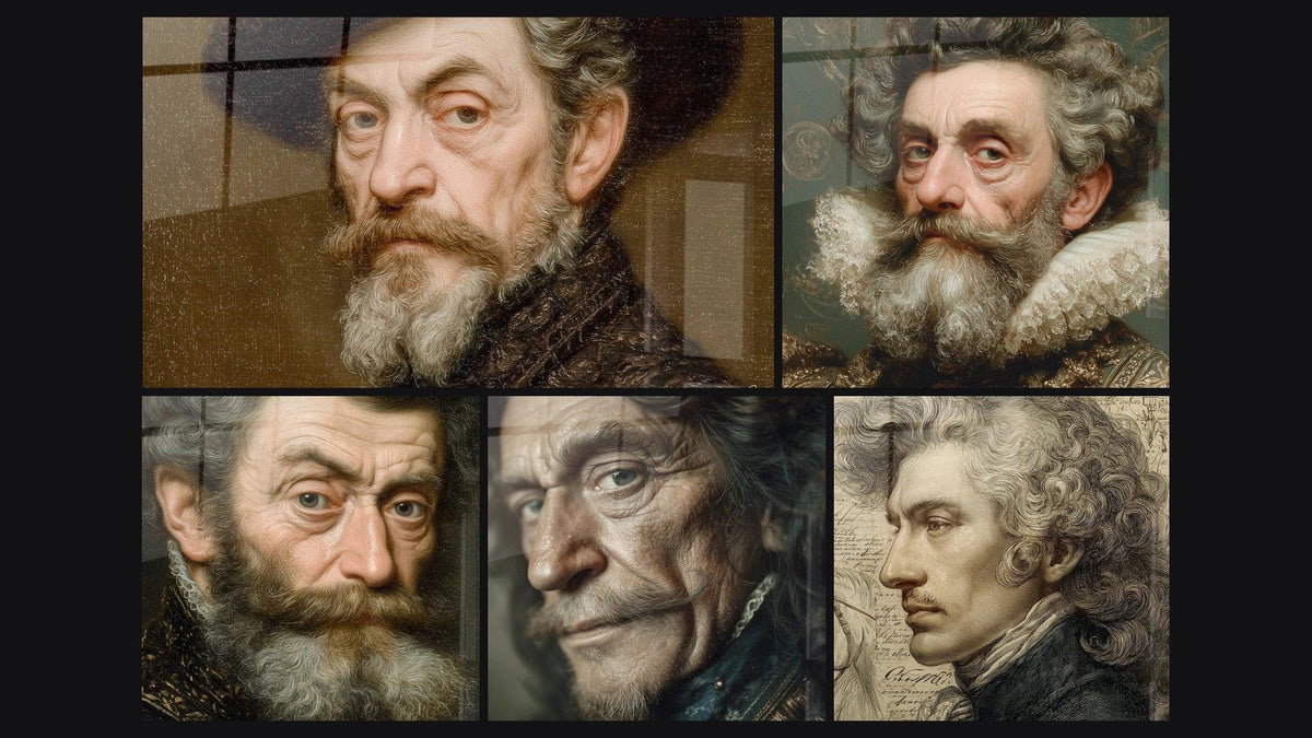 Mosaïque de cinq tableaux, dont Portrait Maître Penseur, Portrait Maître Intemporel et Portrait Noblesse Intemporelle