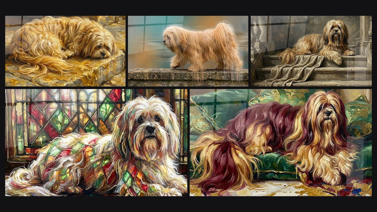 Mosaïque de cinq tableaux, dont Lhassa Apso Doré sur Escalier de Pierre