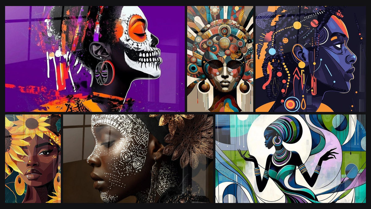 Mosaïque de six tableaux, dont Africain Masque pourpre, Beauté de l'Afrique et Femme Africaine Couronne florale