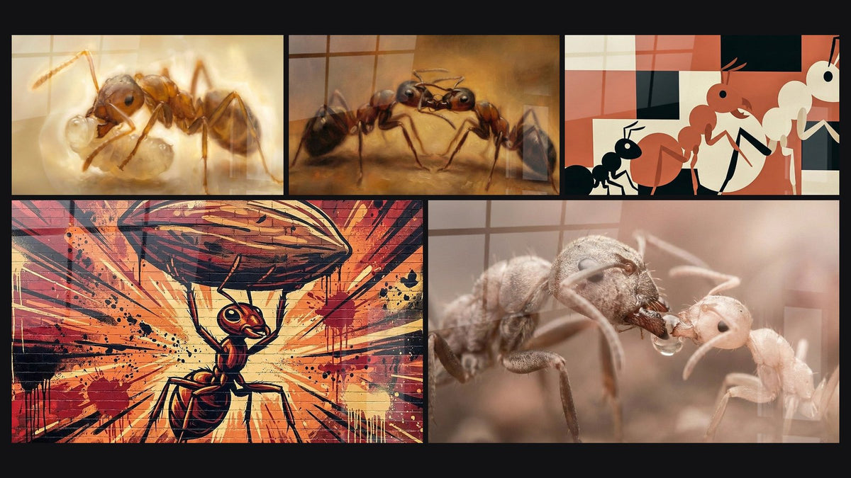 Mosaïque de cinq tableaux, dont Fourmis Combat Rapproché Macro Tons Chauds