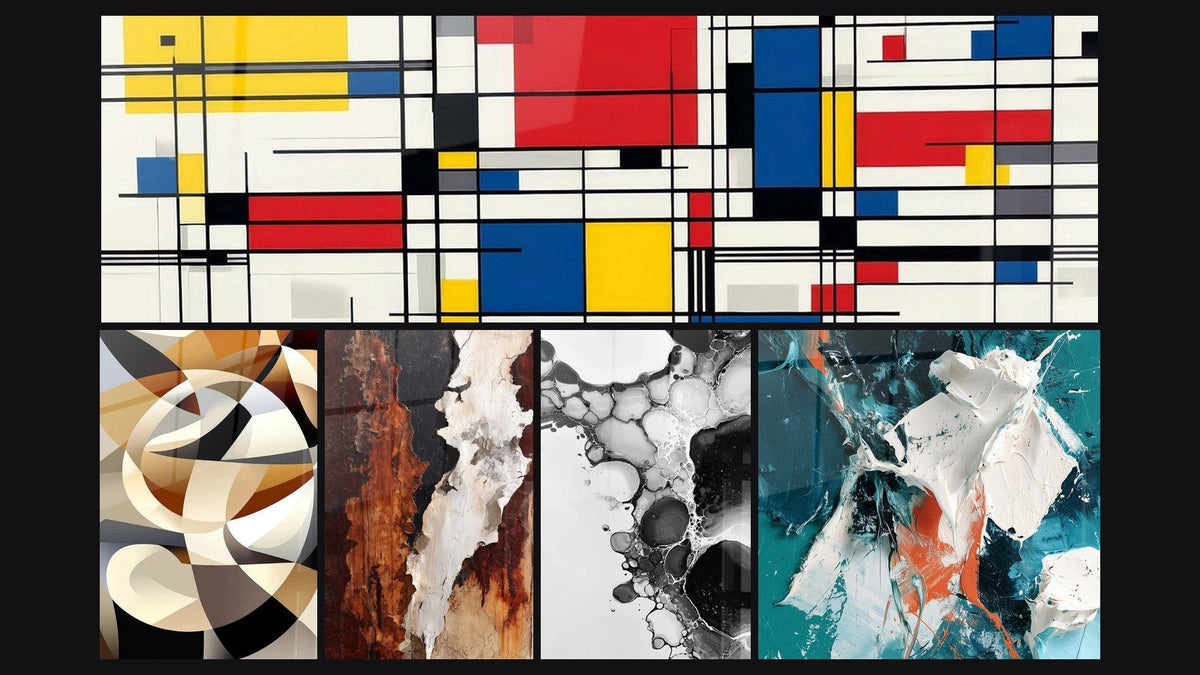 Mosaico de cinco cuadros, entre ellos Composición geométrica y Formas circulares entrelazadas