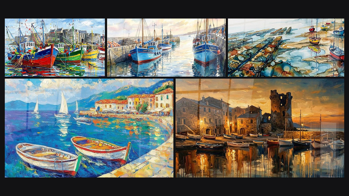 Mosaïque de cinq tableaux, dont Bateaux de Pêche Colorés, Port N°1 et Port de Pêche Corse