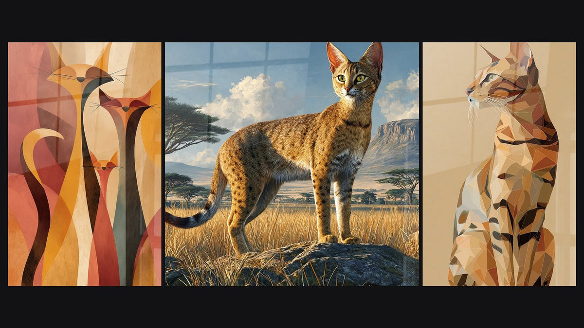 Mosaïque de trois tableaux : Chats Stylisés Géométriques, Chat Serengeti Savane Africaine et Chat Serengeti Polygonal