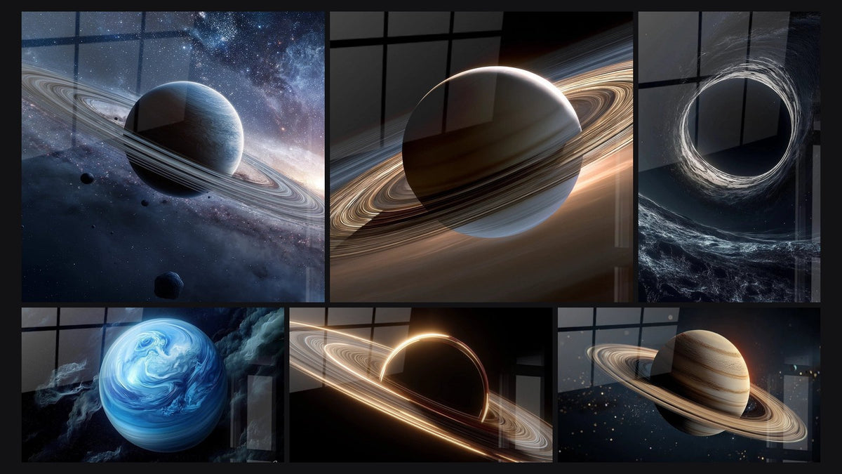 Mosaïque de six tableaux, dont Planète Saturne avec ses anneaux, Mercure N°2 et Black Hole
